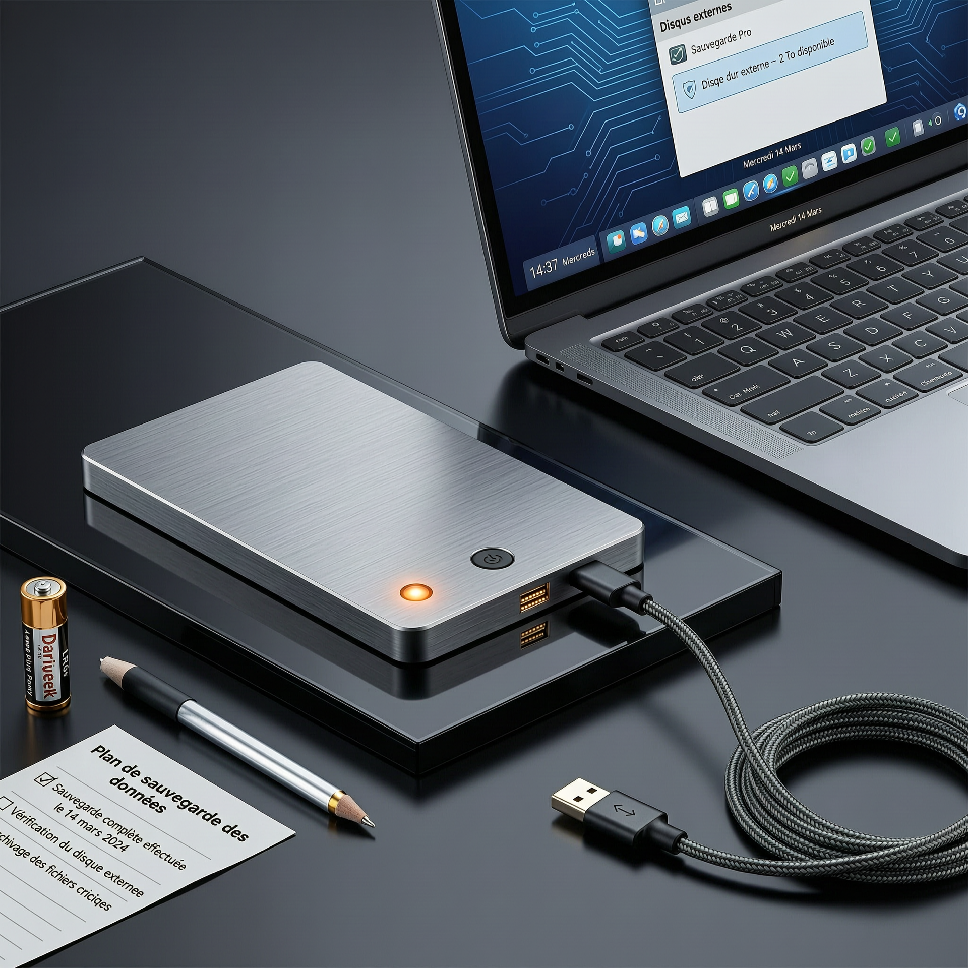 Sauvegarde : disque dur externe connecté à un ordinateur
